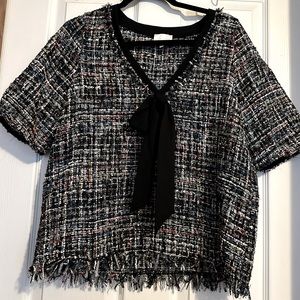 Entro Tartan Tweed Pussy Bow Tie Top M